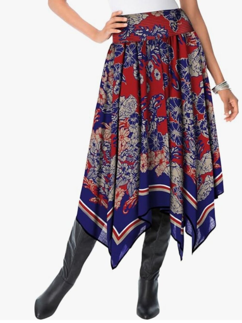 Roaman's Women's Plus Size Handkerchief Hem Skirt - 30 W, American Floral Scarf